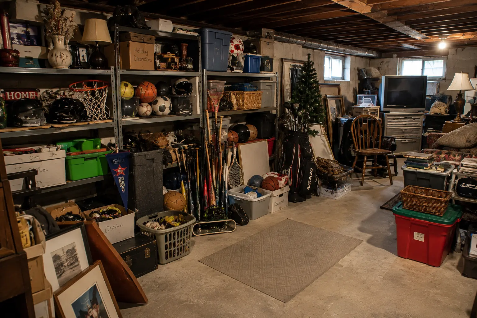 A basement filled with unused sports equipment, the moment that inspired LiftLocker