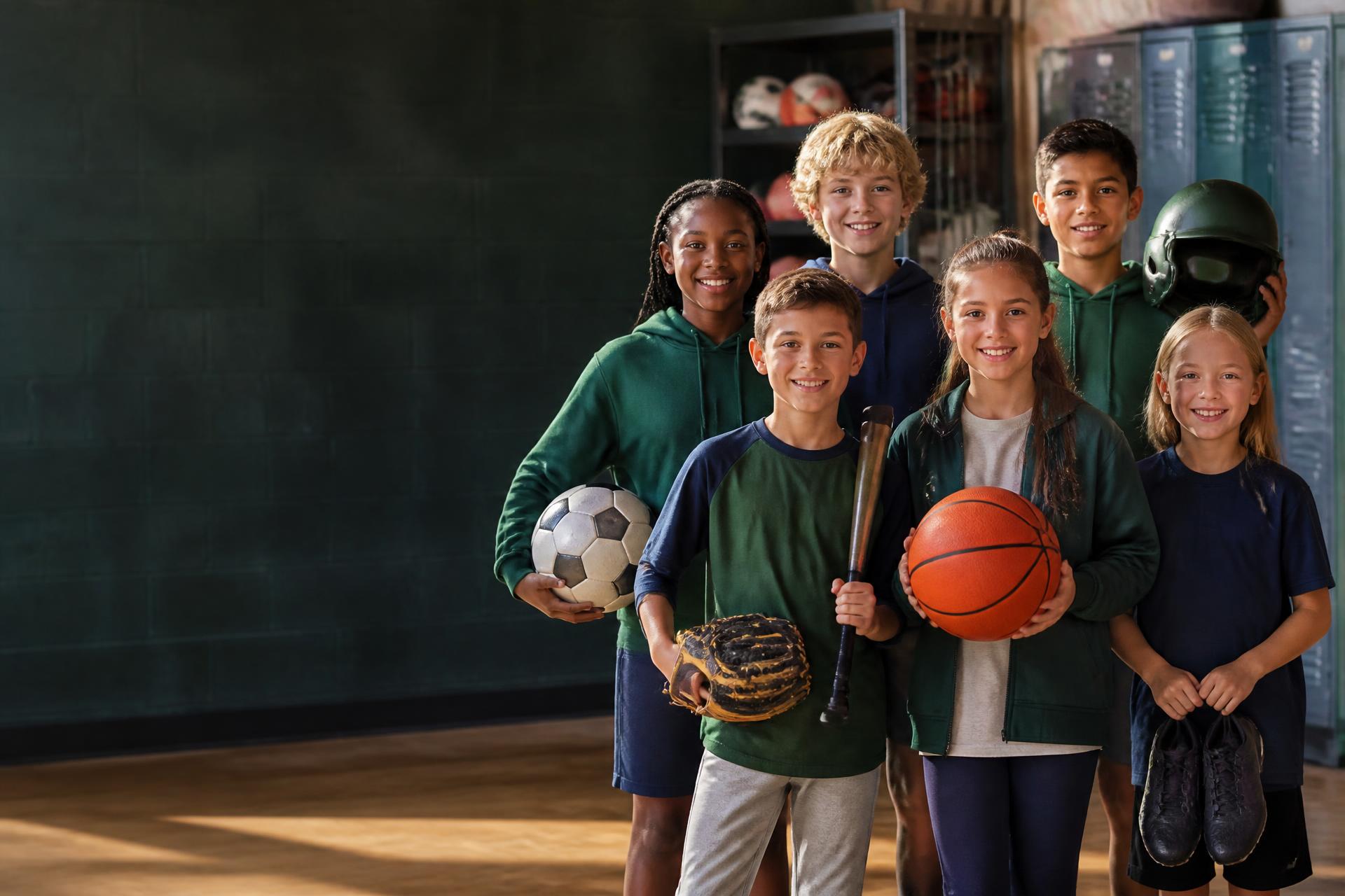 Smiling children holding donated sports equipment beside a locker and gear shelf